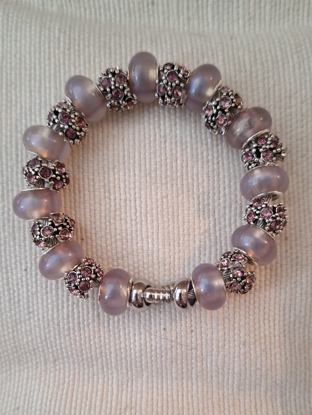 Lavender Bead & Pink Crystal Charm Adjustable Bracelet -